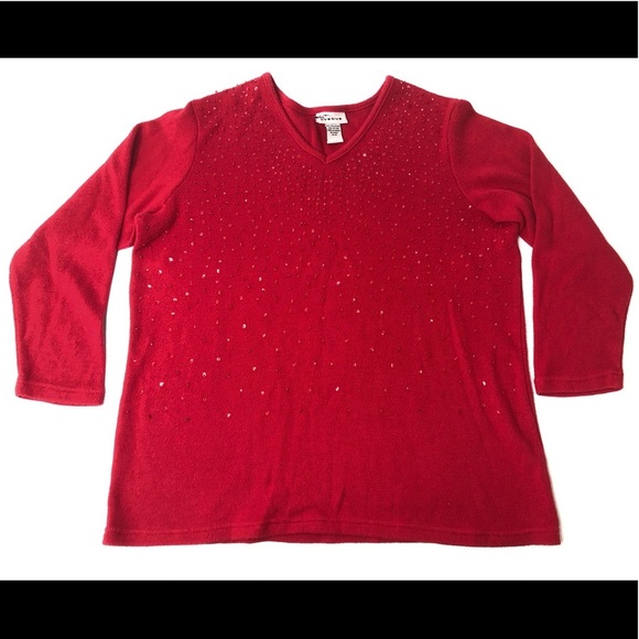 Avenue Women’s Red VNeck Sweater w/ Sequin & Beads - Picture 4 of 9